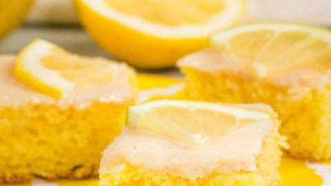 Slices of freshly baked and glazed German lemon cake (Zitronenkuchen)