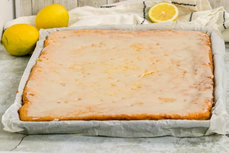 A sheet pan of freshly baked and glazed German lemon pound cake (Zitronenkuchen)