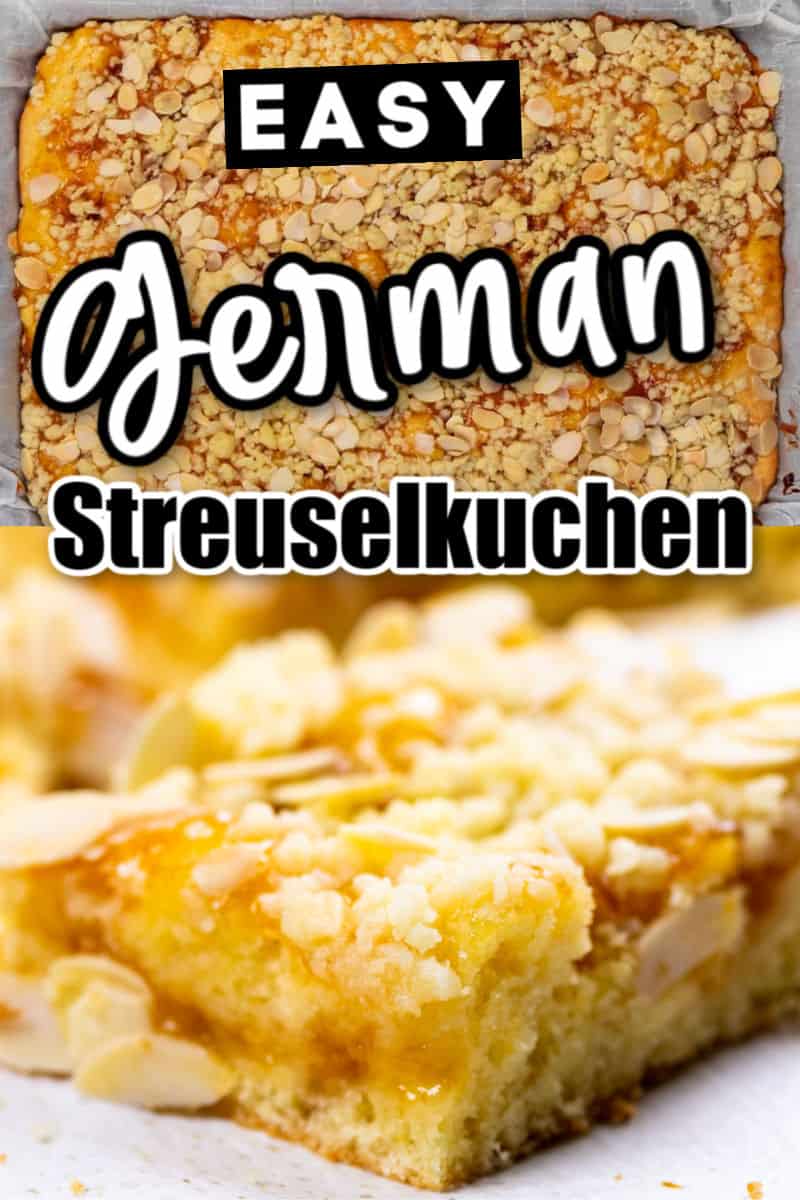 Streuselkuchen (German crumb cake) is a light and airy cake with a layer of jam that is topped with creamy-buttery crumbs and crunchy sliced almonds. #cheerfulcook #Germany #almonds #baking #Streuselkuchen #crumbcake ♡ cheerfulcook.com via @cheerfulcook