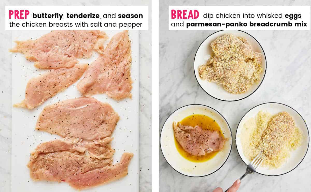 Step 1: butterfly, tenderize, season chicken and bread.