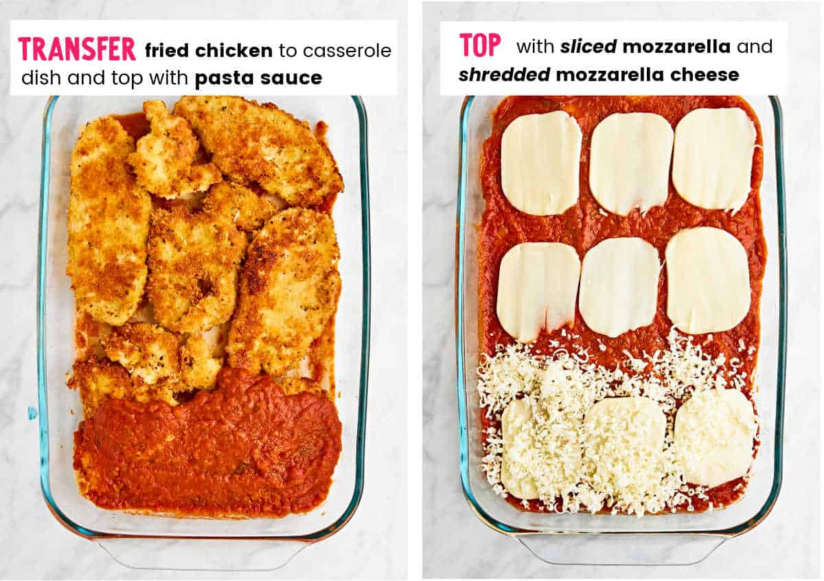 Step: Transferring fried chicken to casserole dish topping with pasta sauce and cheese.