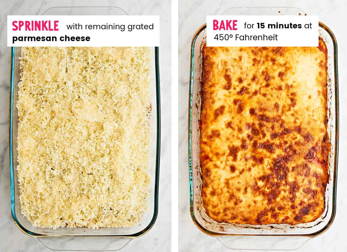 Step: Casserole dish before and after baking the Chicken Parmesan.
