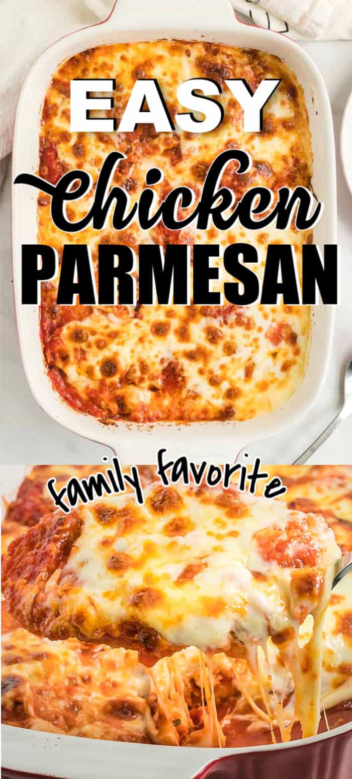 This breaded chicken parmesan is LOADED with flavor. It's crispy, creamy, and cheesy. And super easy to make! #cheerfulcook #chicken #parmesan #ovenbaked #casserole ♡ cheerfulcook.com via @cheerfulcook