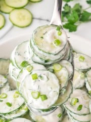A forkful of Creamy German Cucumber Salad.