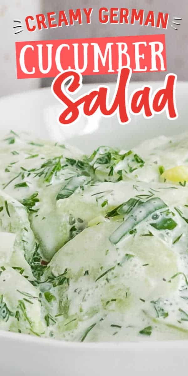 German Creamy Cucumber Salad is made with crispy cucumbers, sour cream and fresh herb dressing. Perfect as a side salad or a contribution to a potluck or summer picnic.  #cheerfulcook #sourcream #vinegar #German #easy #salad ♡ cheerfulcook.com via @cheerfulcook