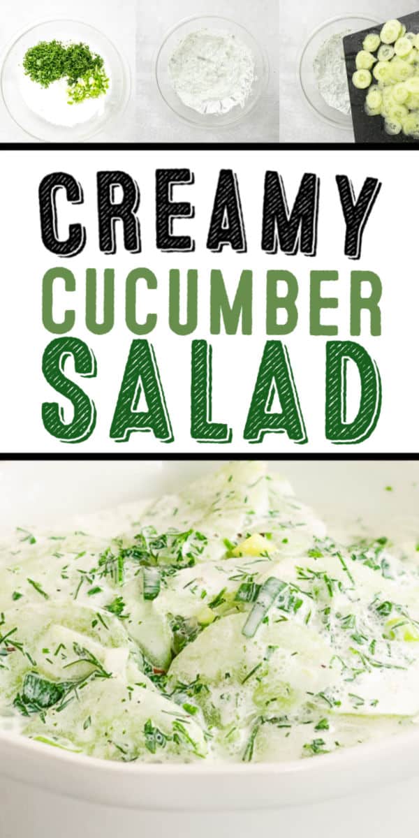Creamy Cucumber Salad is made with crispy cucumbers, sour cream and fresh herb dressing. Perfect as a side salad or a contribution to a potluck or summer picnic.  #cheerfulcook #sourcream #vinegar #German #easy #salad via @cheerfulcook