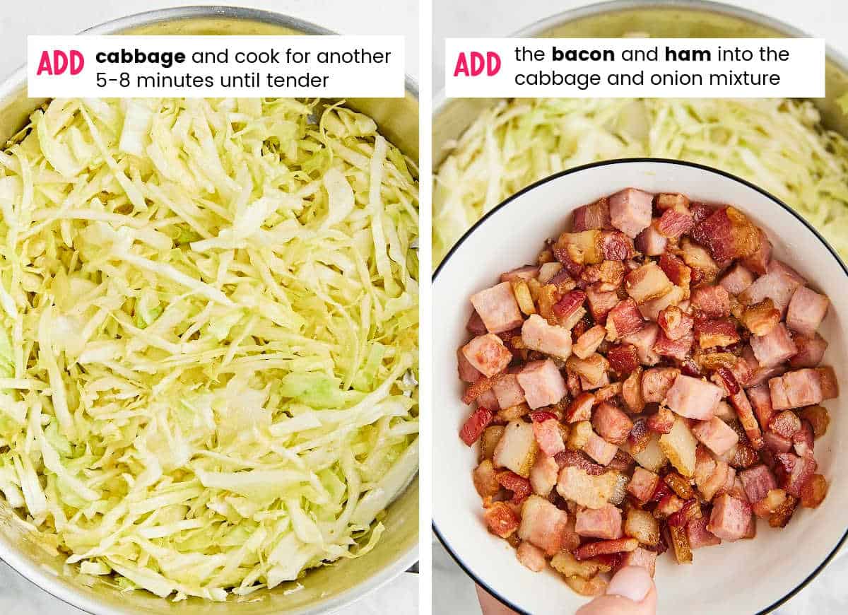 STEP: Add shredded cabbage and crispy bacon and ham.