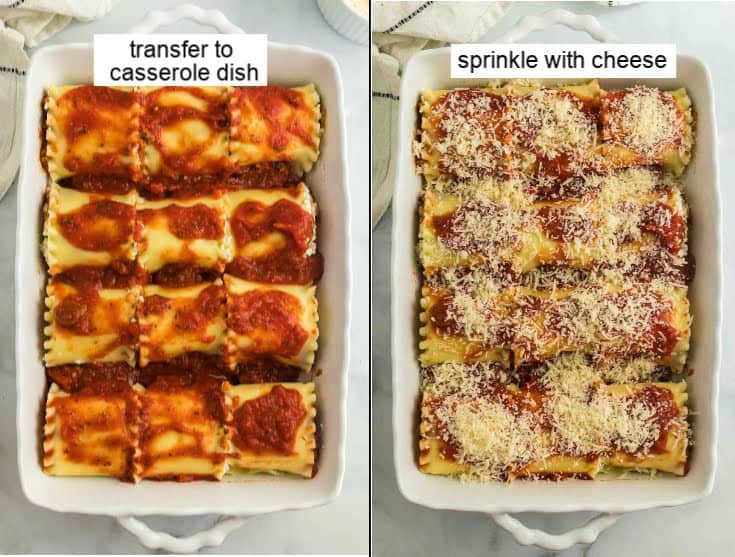 transferring the lasagna roll ups into a casserole dish and topping it with cheese before it goes into the oven