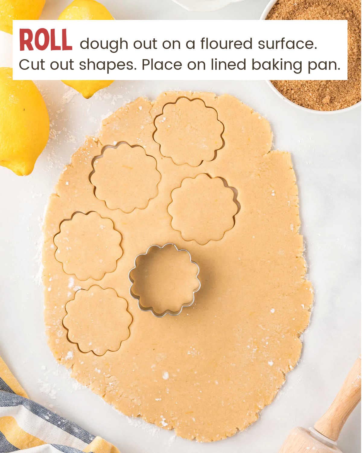 Shaping Lemon Shortbread Cookies with a cookie cutter.
