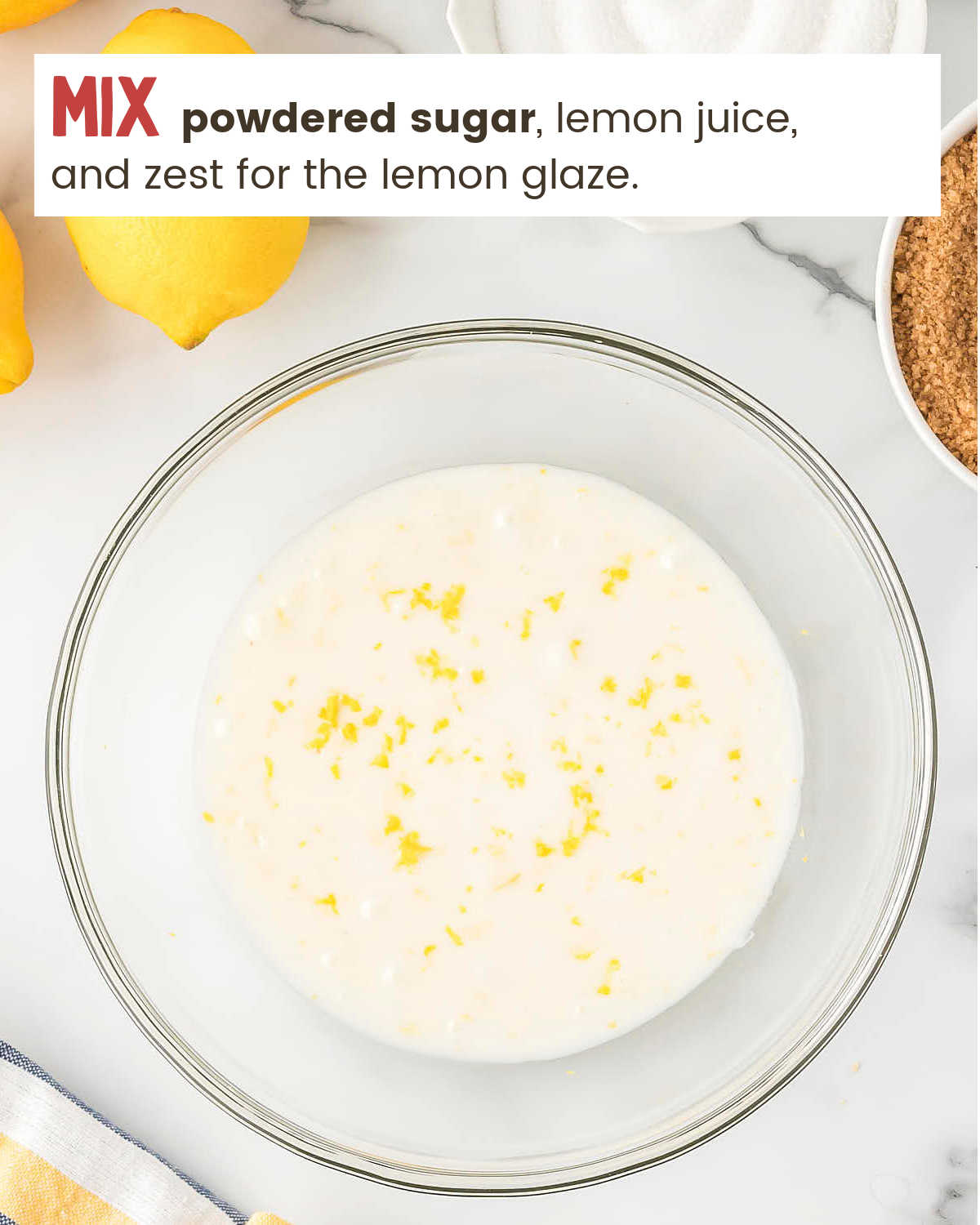 Lemon glaze in a clear glass bowl for Lemon Shortbread Cookies.