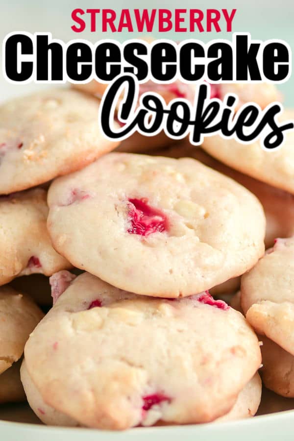 Strawberry Cheesecake Cookies are soft, moist, melt-in-your mouth delicious summer treats. Juicy, fresh strawberries combined with white chocolate chips and a cheesecake cookie dough. Perfect for your next picnic. #cheerfulcook #easy #strawberries #baking #summer ♡ cheerfulcook.com via @cheerfulcook