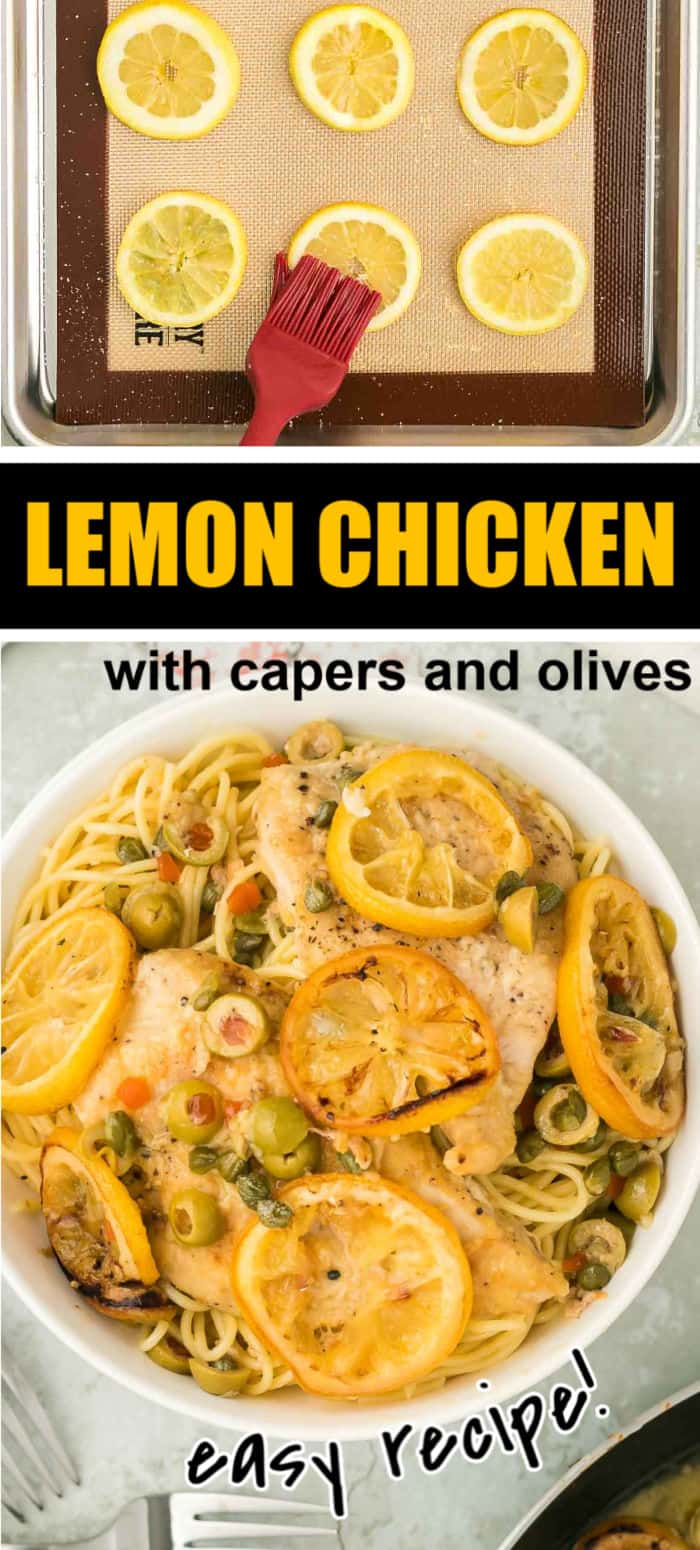 Lightly crusted, tender, pan fried chicken in a caper and olive butter sauce topped with roasted slices of lemon. Impressive, easy to make, and incredibly delicious. #cheerfulcook #lemonchicken #recipe #pasta #butter  via @cheerfulcook