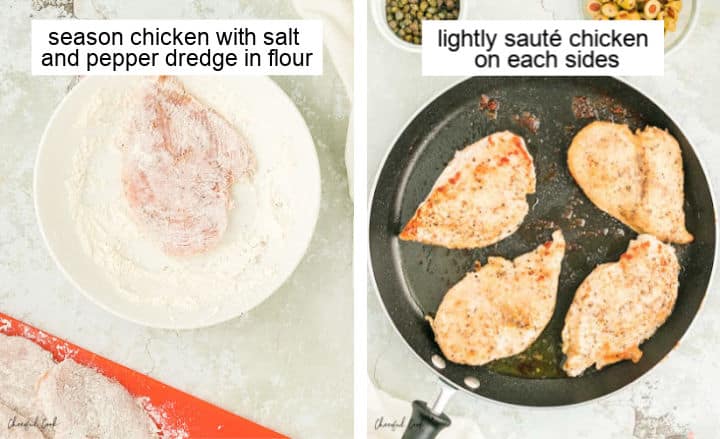 Step illustrating how to first dredge the chicken, then pan fry it