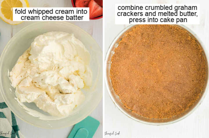 Combining the cream cheese mixture with the whipped cream and pouring it into the graham cracker crusted springform