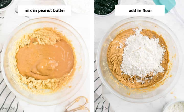 steps showing peanut butter and flour being added to the batter