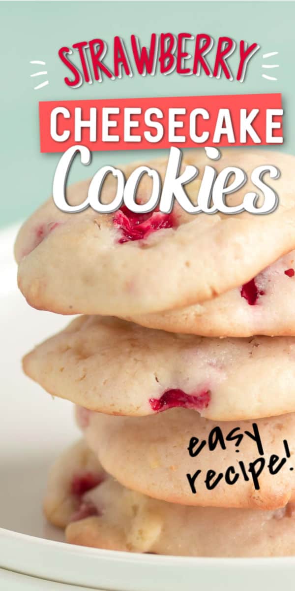 Strawberry Cheesecake Cookies are soft, moist, melt-in-your mouth delicious summer treats. Juicy, fresh strawberries combined with white chocolate chips and a cheesecake cookie dough. Perfect for your next picnic. #cheerfulcook #easy #strawberries #baking #summer via @cheerfulcook