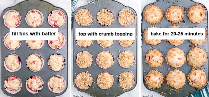 three stages of strawberry muffins: batter in the tin, added with crumb topping, and after baking process