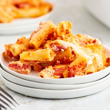 Baked Ziti on a white plate.