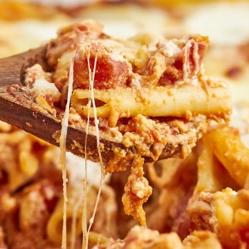 A spoonful of Baked Ziti.