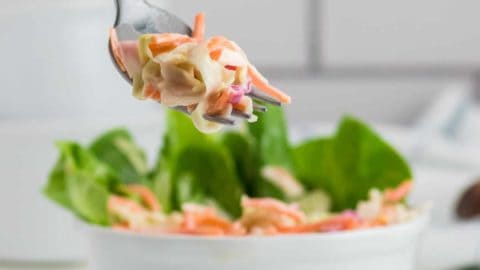 a forkful of creamy cole slaw out of a white bowl