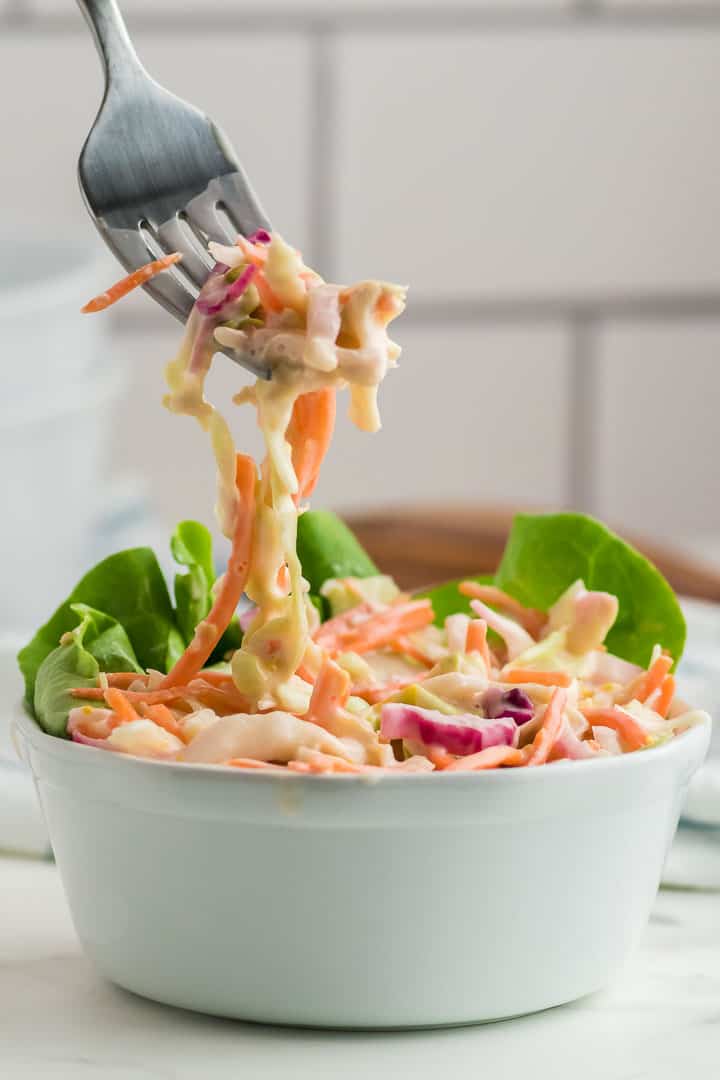 a forkful of delicious coleslaw