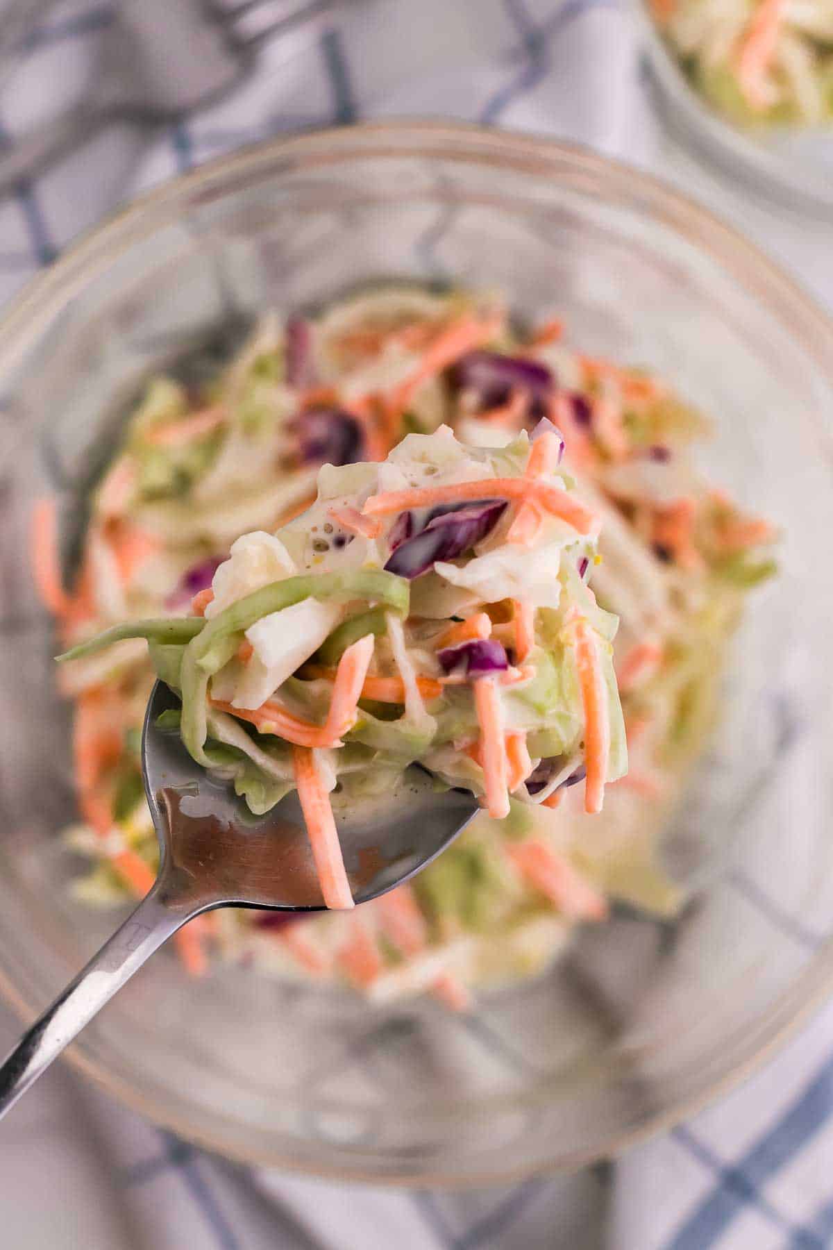 a spoonful of fresh, homemade coleslaw out of a glass bowl