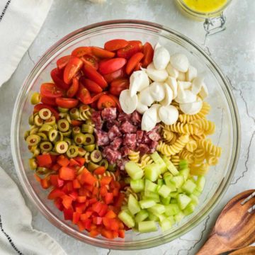 A large salad bowl filled with all the ingredients needed to make Italian Pasta Salad.