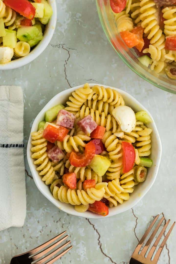 a forkful of freshly made Italian pasta salad