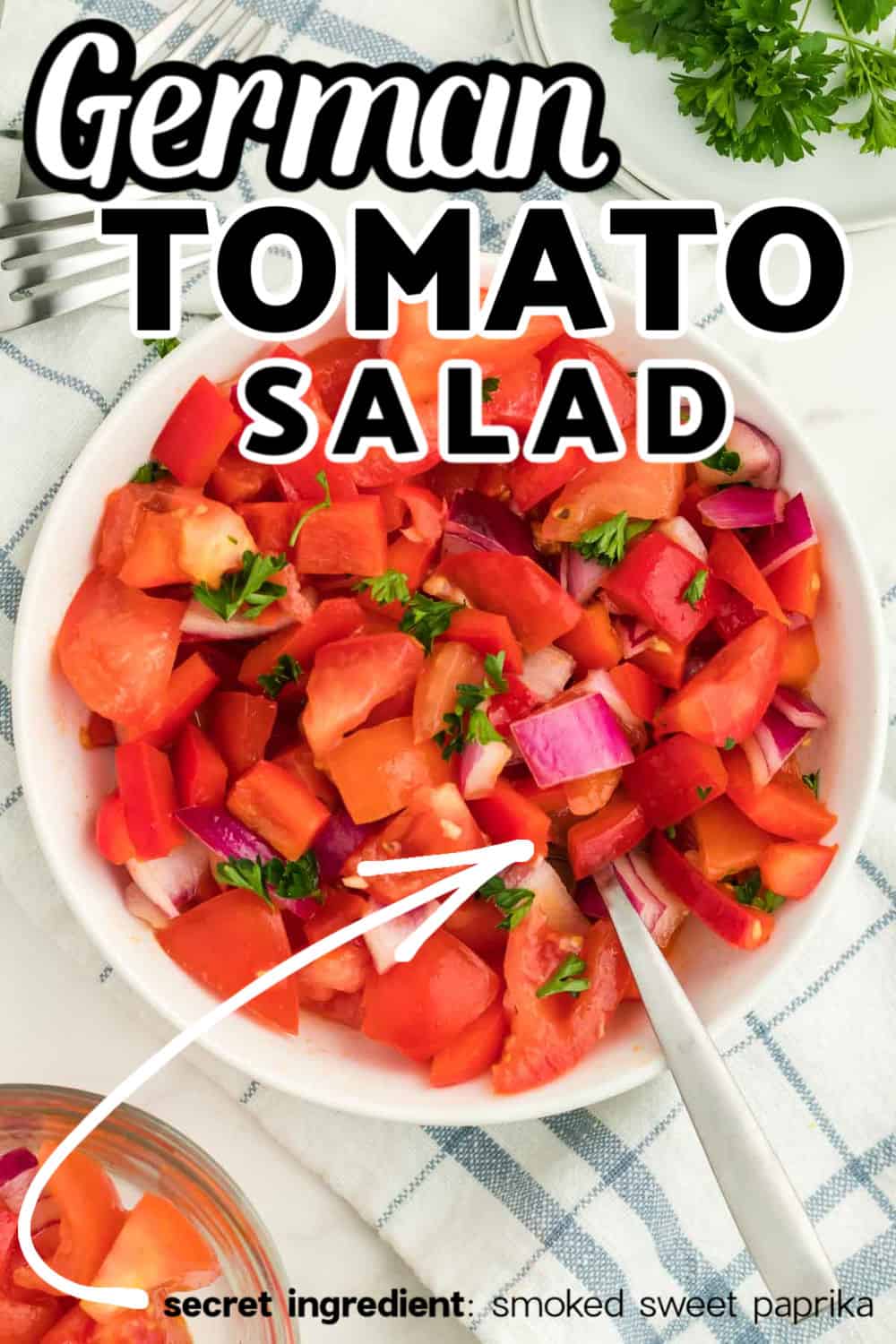 This juicy, and refreshing is made with fresh tomatoes, crunchy bell peppers and onions. It's tossed in delicious sweet, tangy, and smokey dressing. Perfect for summer cookouts or as a simple side dish. #cheerfulcook #tomatosalad #salad #summer #Germanfood  via @cheerfulcook