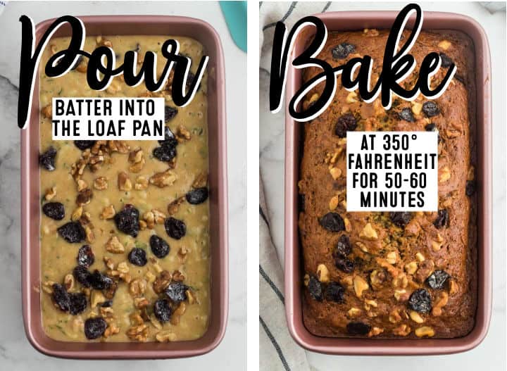 Pour batter into an 8x4 loaf pan. Bake at 350 degrees Fahrenheit for 50-60 minutes.