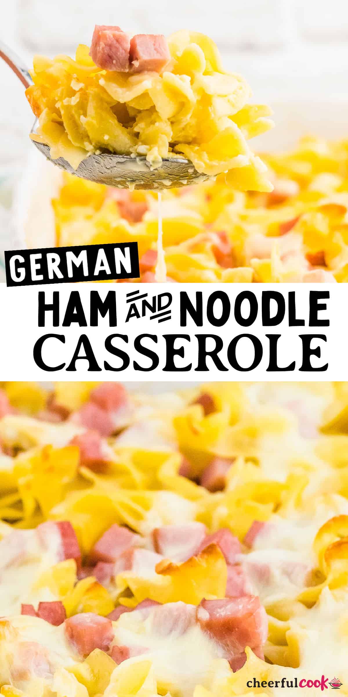 This hearty, creamy, and cheesy ham and noodle casserole is the perfect choice for a quick and easy weeknight dinner. Made with tender pasta, a quick egg and cream sauce, diced ham, and delicious cheese. #cheerfulcook #eggnoodles #casserole #recipe #Germanfood via @cheerfulcook