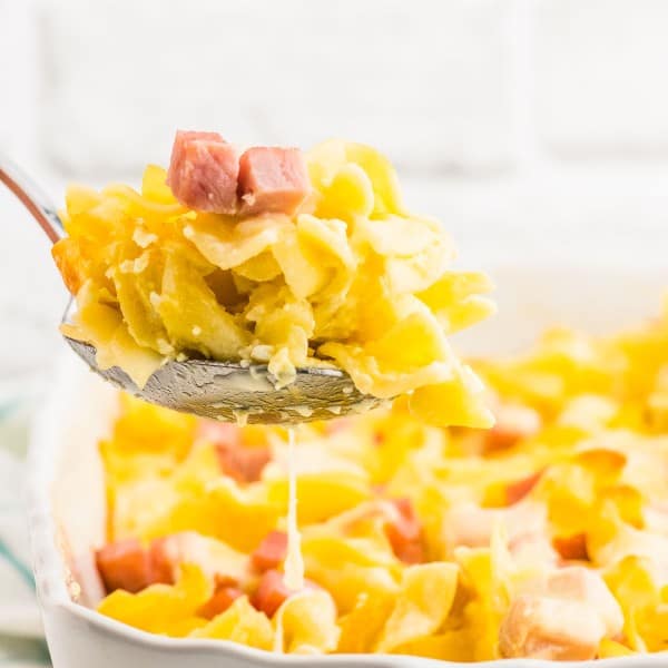 A spoonful of Ham and Noodle Casserole.