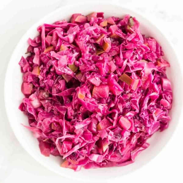 A closeup image of perfectly cooked red cabbage.