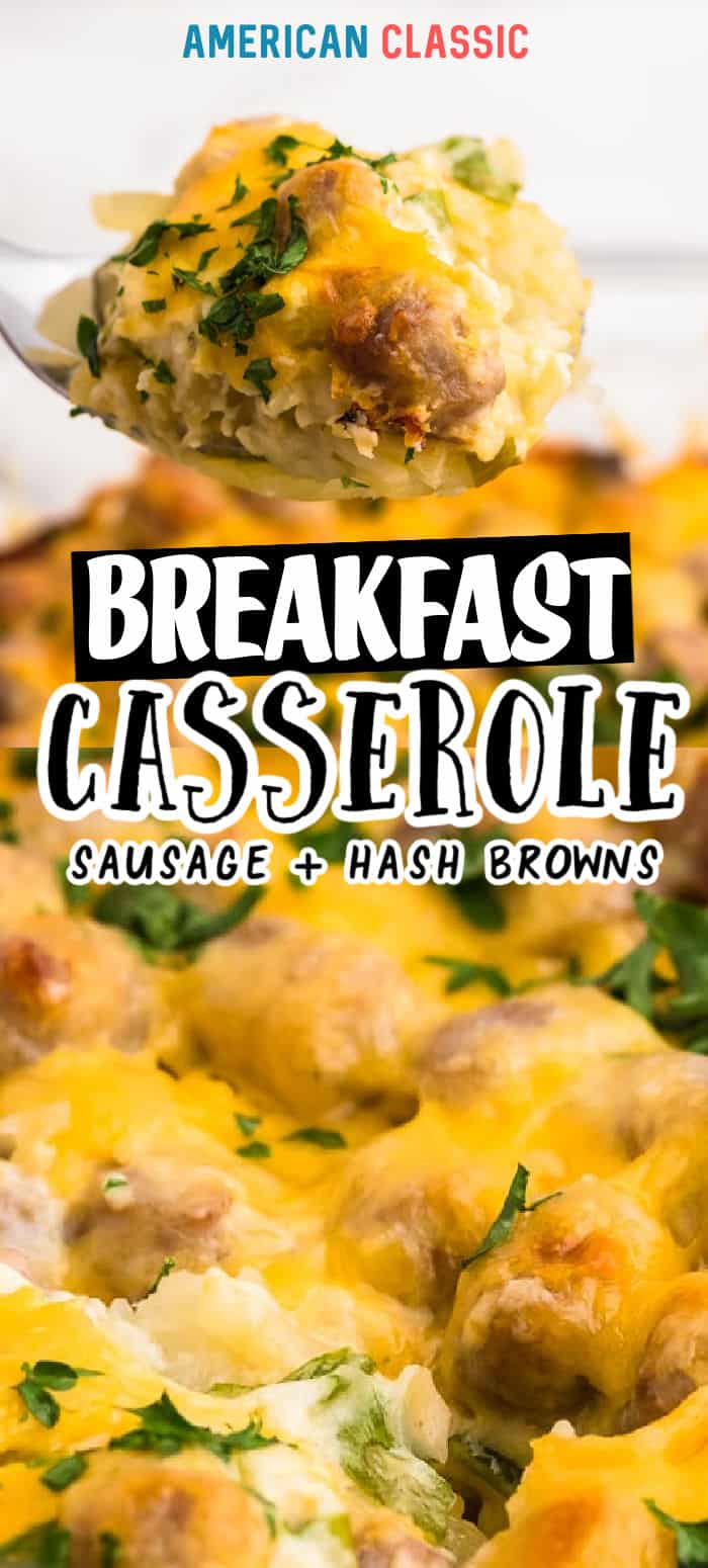 Sausage Hash Brown Casserole combines the biggest breakfast flavors into a delicious and easy to make breakfast dish. #cheerfulcook #breakfastcasserole #hashbrowncasserole #easycasserole via @cheerfulcook