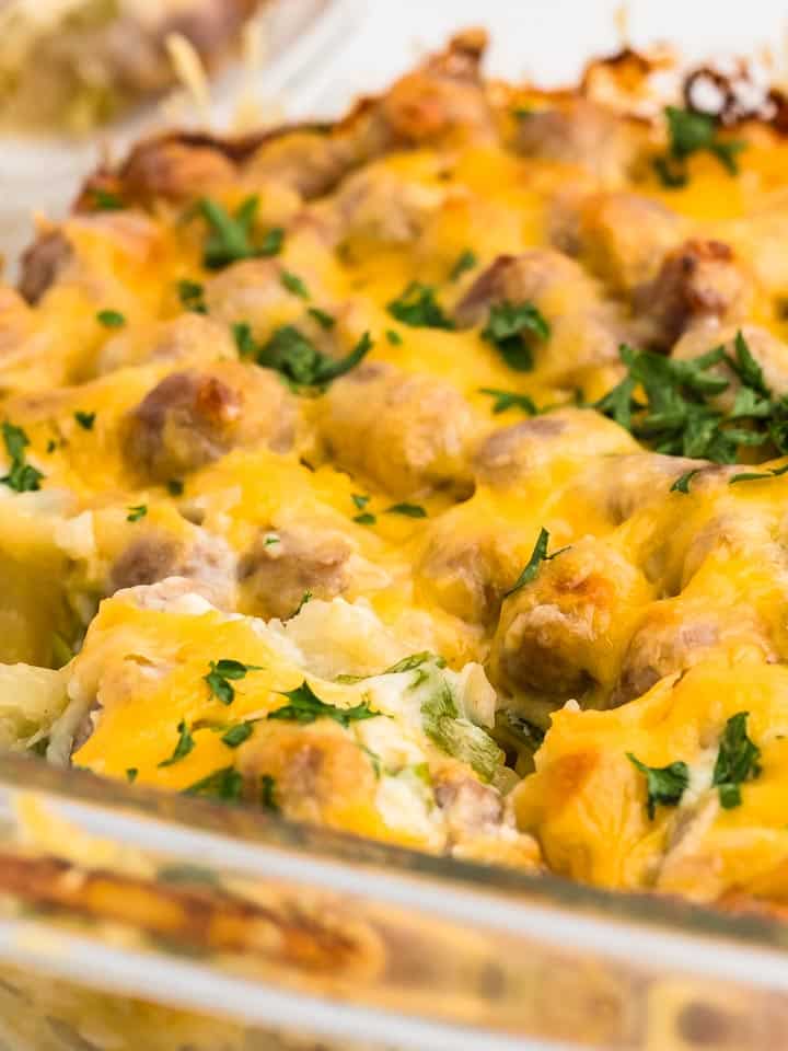 Sausage and Hash Brown Casserole fresh from the oven in a glass casserole dish