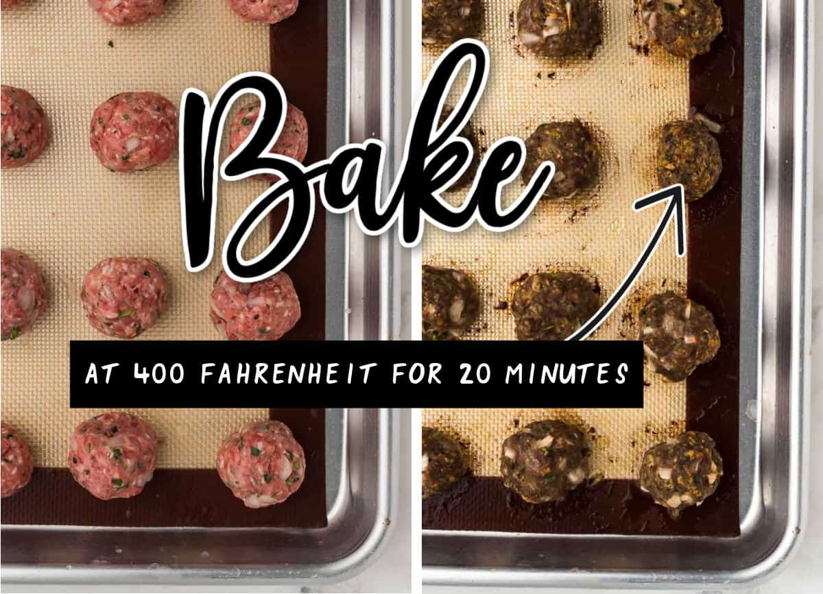 Baking sheet showing the baked meatballs before and after they are in the oven