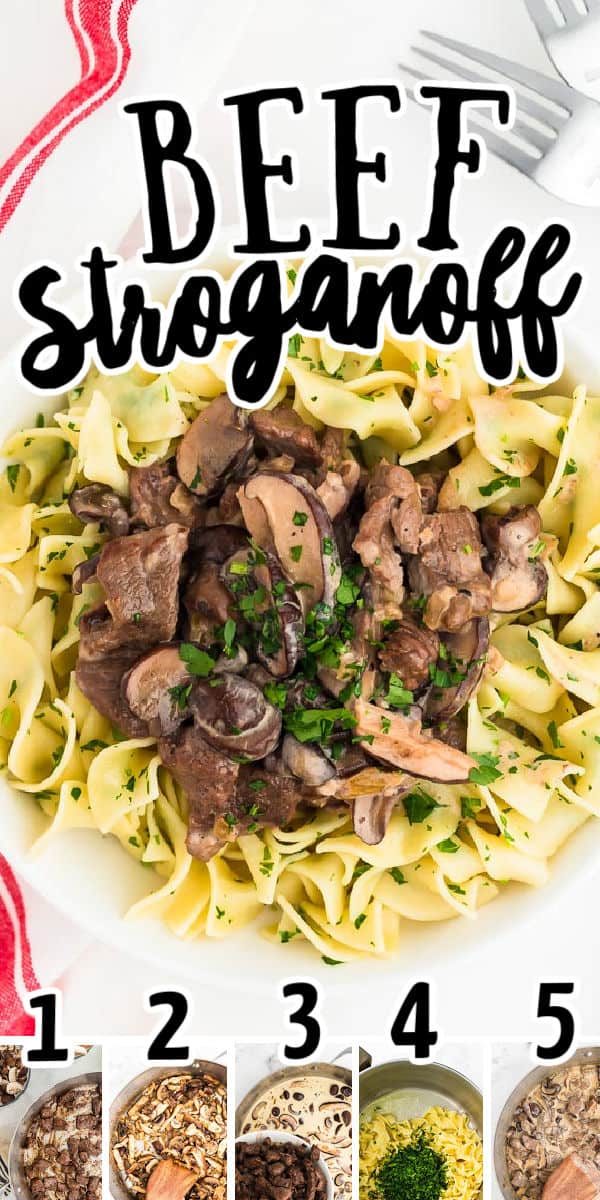 Tender and juicy beef strips are cooked to perfection in a mushroom cream sauce and served over parsley egg noodles. #cheerfulcook #recipe #stroganoff #comfortfood via @cheerfulcook