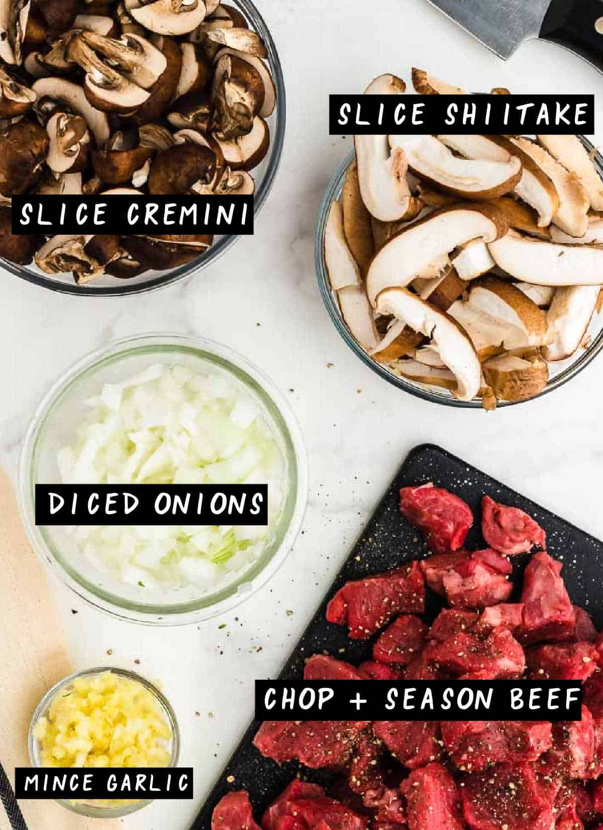 PREP STEP: Dice cremini and shiitake, dice onions, mince garlic, chop and season beef