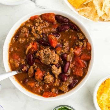 A bowl of freshly cooked ground beef chili