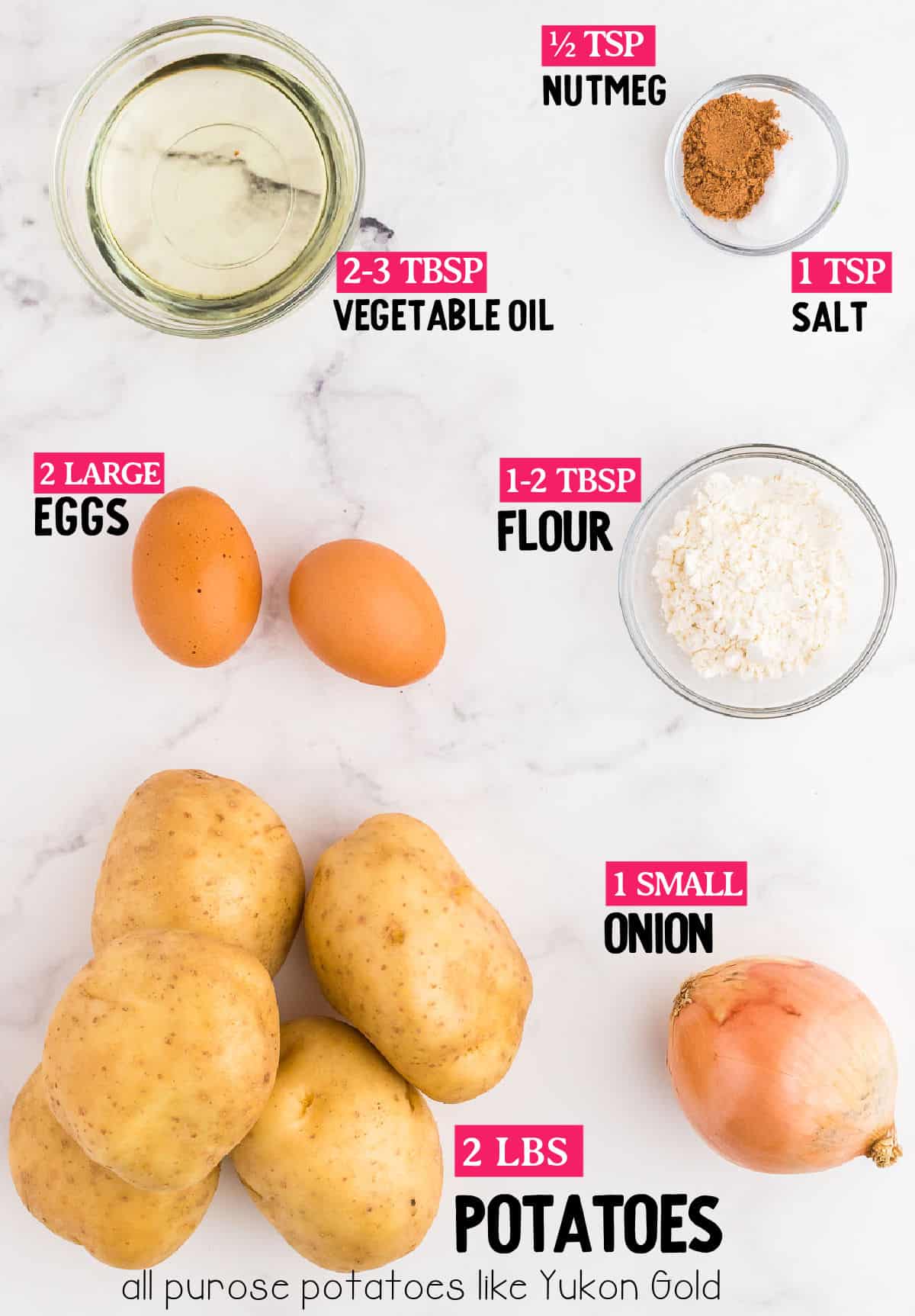 Ingredients needed to make German Potato Pancakes: waxy potatoes, onion, eggs, flour, nutmeg, salt, and, oil for frying