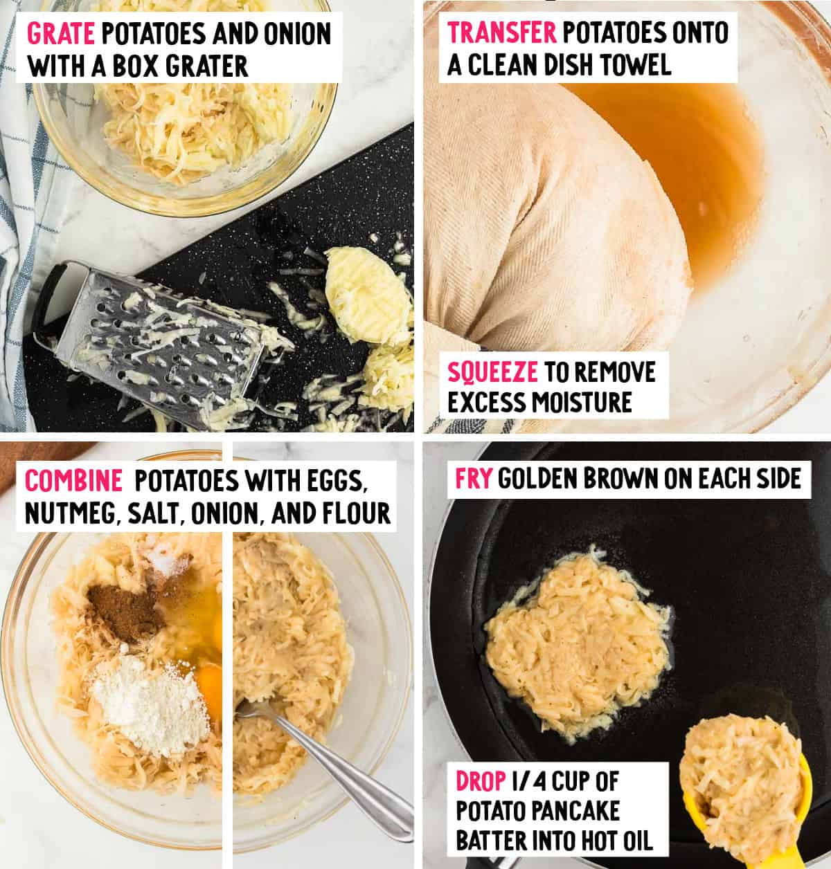 Steps illustrating how to make German Potato Pancakes
