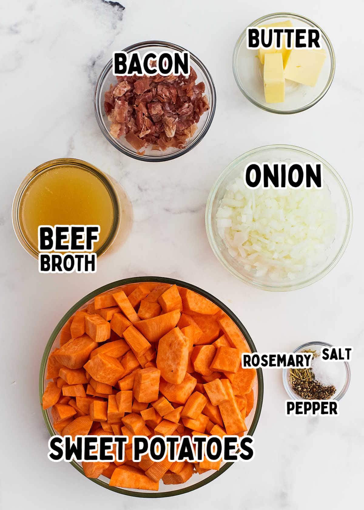 Ingredients needed to make a Loaded Sweet Potato Soup.