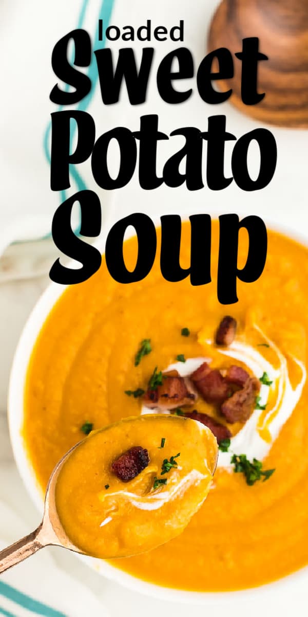 This delicious, easy 5-ingredients Sweet Potato Soup is loaded with the best fall flavors. Sweet potatoes, bacon, onion, broth, and butter are combined into a creamy soup that's topped with a scoop of sour cream and crunchy bacon bits! #cheerfulcook #sweetpotato #soup #recipe via @cheerfulcook