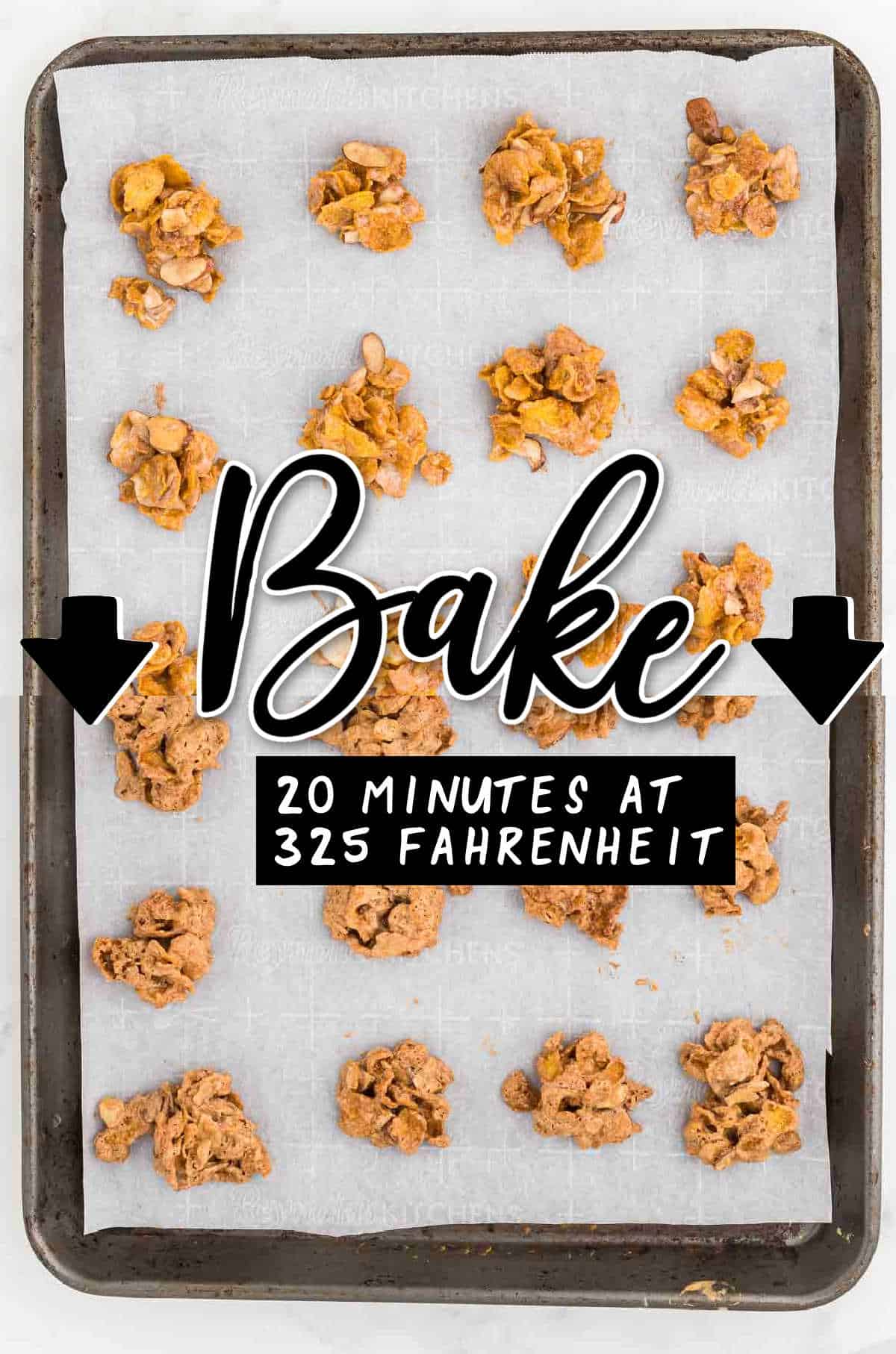 STEP: Spoon tablespoon-sized dollops of the cornflake mixture onto a lined baking sheet + STEP: Baking the cookies for 10-12 minutes at 350 degrees Fahrenheit