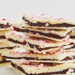 Closeup of a stack of homemade Peppermint Bark.