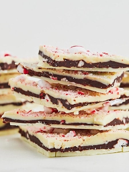 Closeup of a stack of homemade Peppermint Bark.
