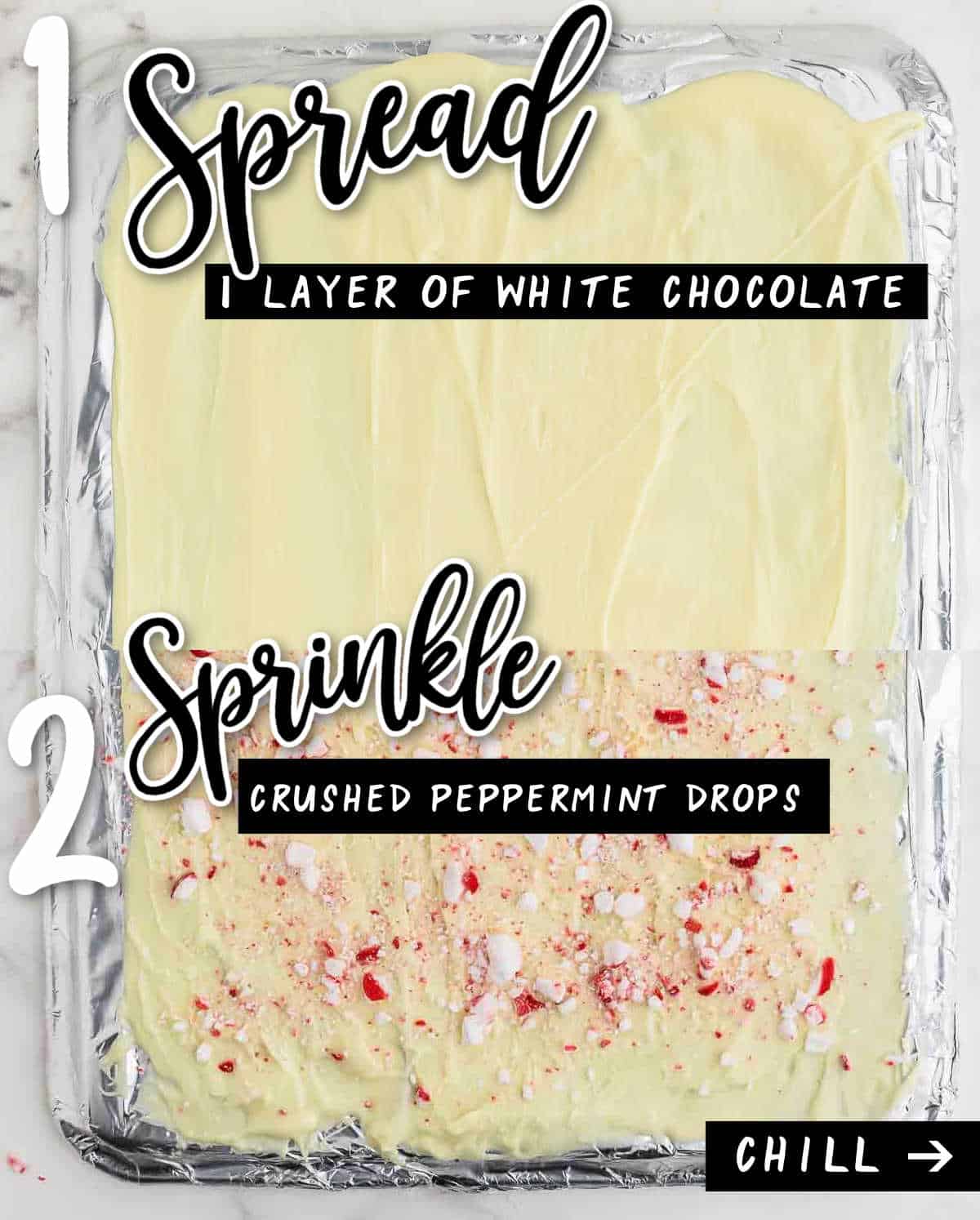STEP 1: Spreading melted white chocolate + Step 2: Sprinkling crushed peppermint drops -> Chill