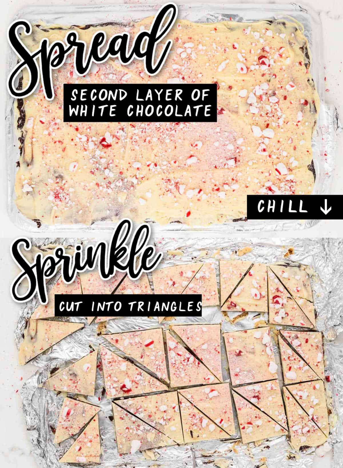 STEP: Spread the top layer of white chocolate, sprinkle with peppermint candy, and cut into triangles