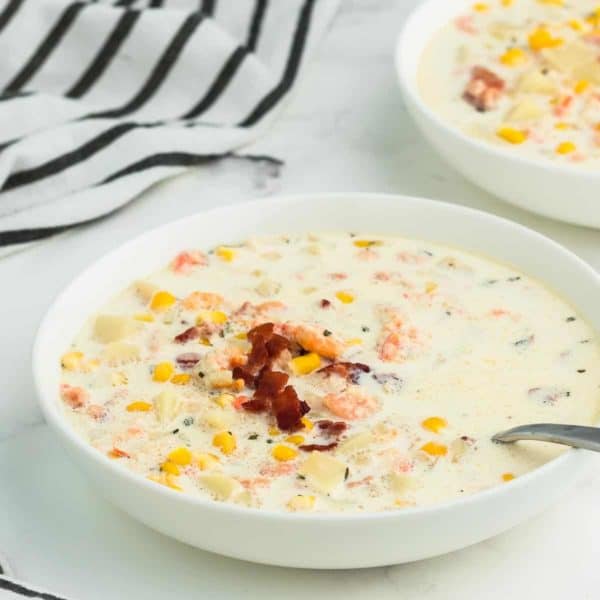 A bowl full of fresh shrimp chowder.