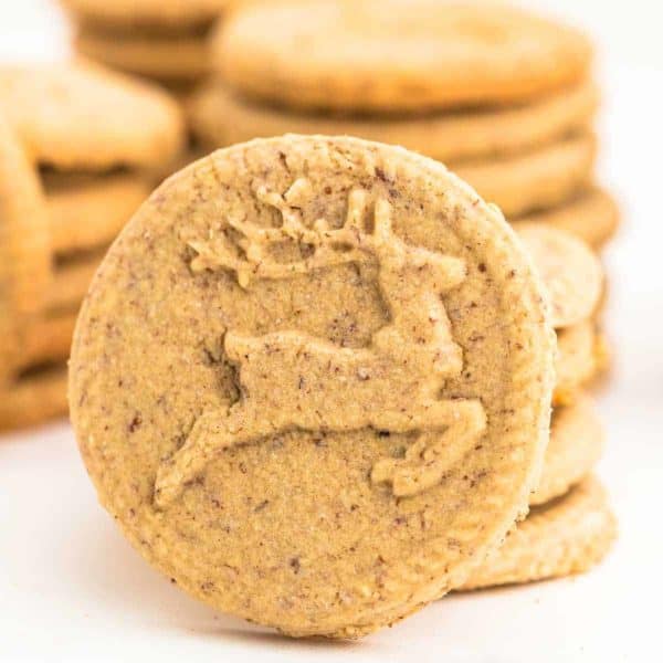 A closeup of a Spekulatius cookie (with a deer impression made my using a cookie stamp).
